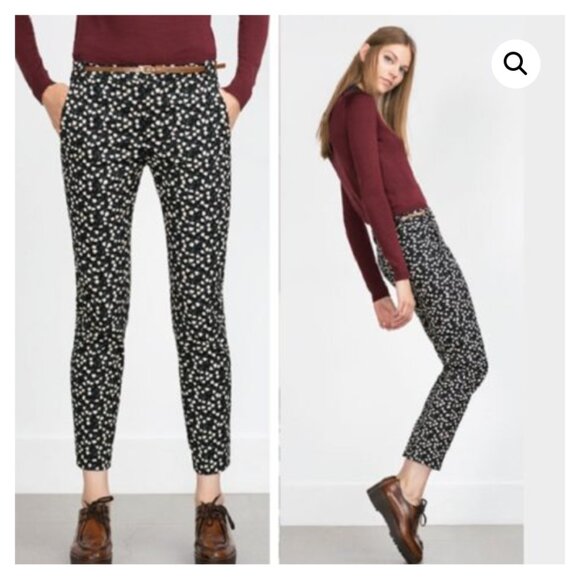 Zara Basic Snow Drop FLORAL Chino Trousers. BROWN Belt  SIZE 2 - Picture 2 of 7